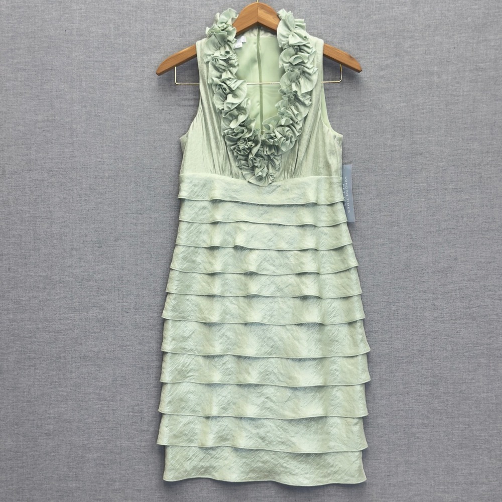 London Times Petites Green Ruffle Neck‎ Tiered Sheath Dress NWT 4P